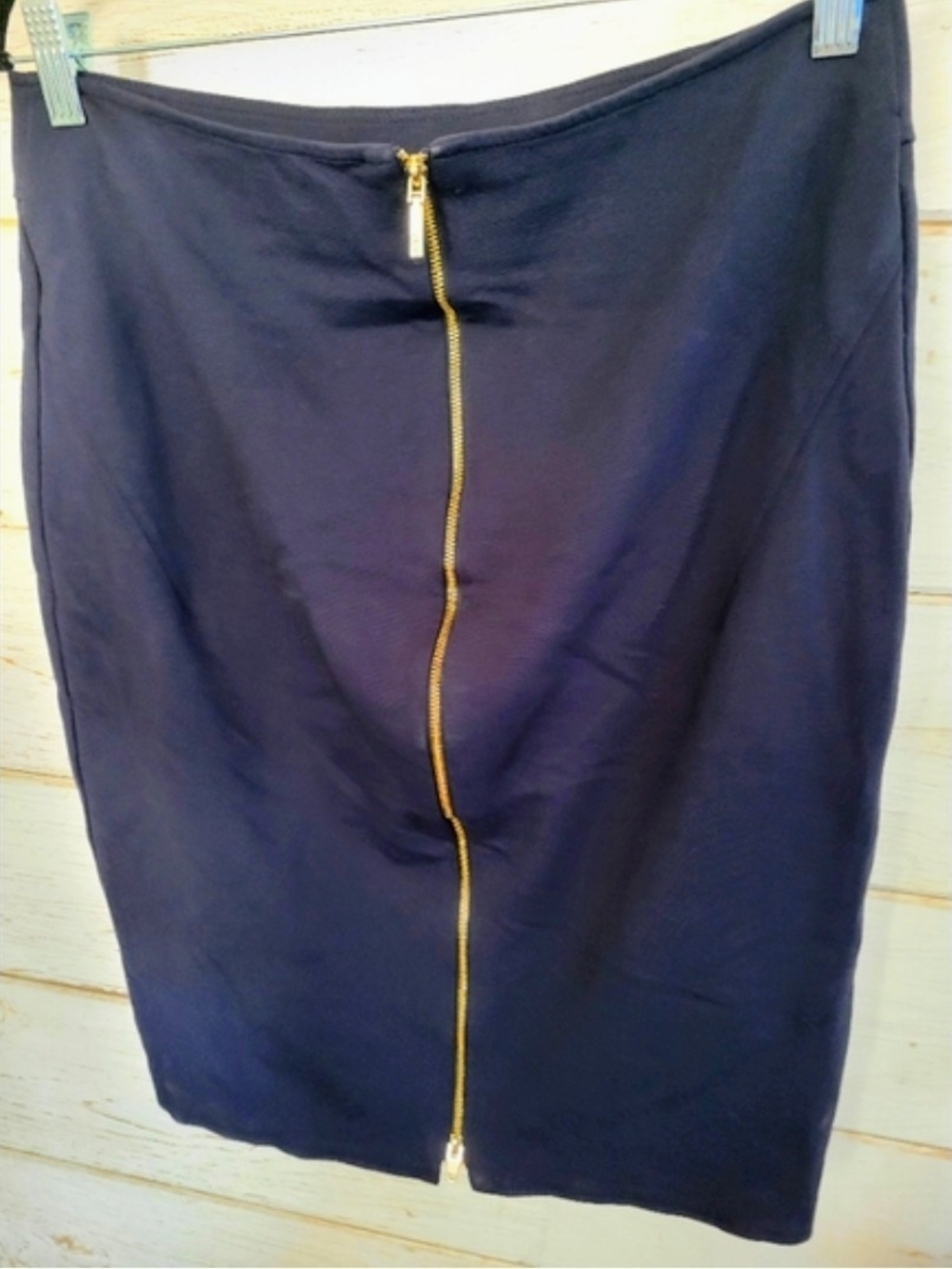 Carmen Marc Valvo Navy Pencil Skirt with Center Gold Zip